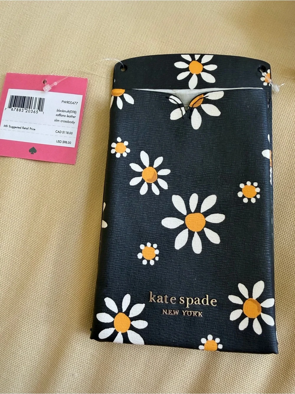kate spade Black Daisy Phone Pouch with Yellow Centers